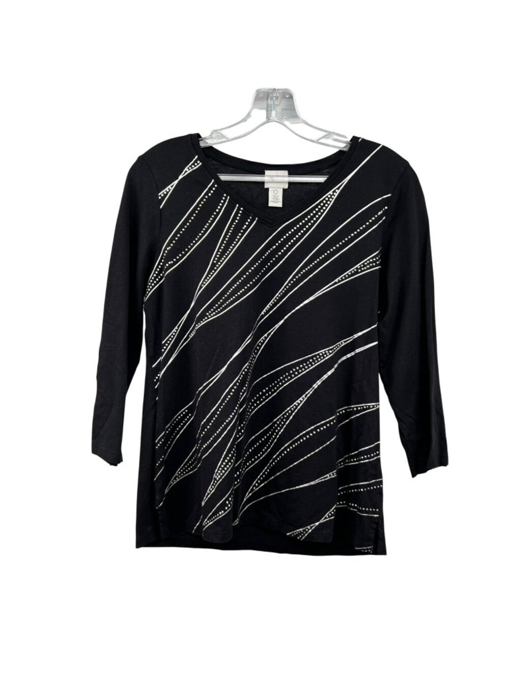 Chico's Zenergy Womens Embellished Top V-Neck 3/4 Sleeve Black/Silver Size Small